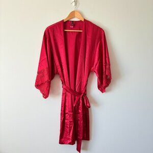 La Senza Silky Satin Effect Lace Sleeve Night Robe Red Size Small Medium